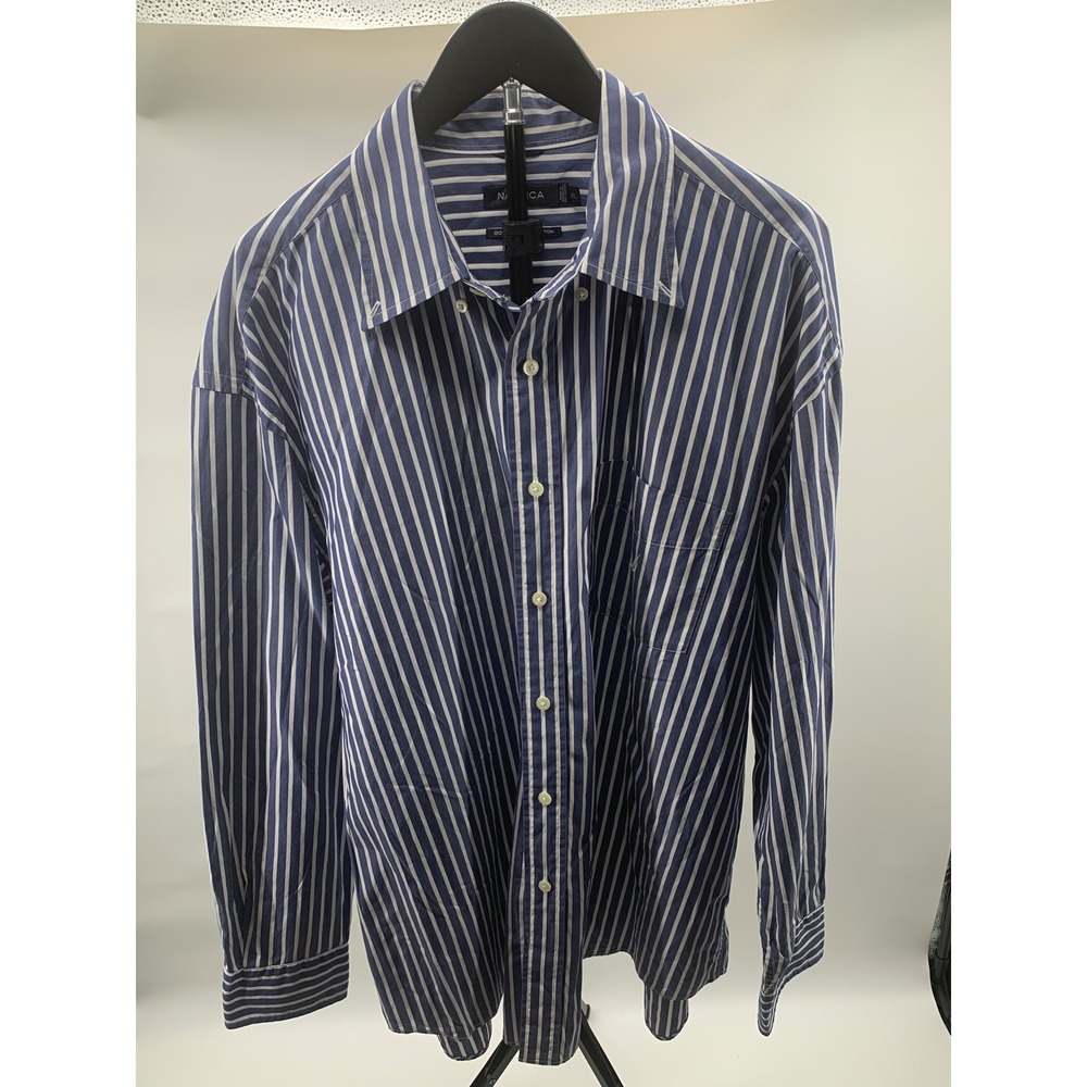 Nautica Mens Blue White Striped 80s Two-Ply Cotton Button Down Shirt XL